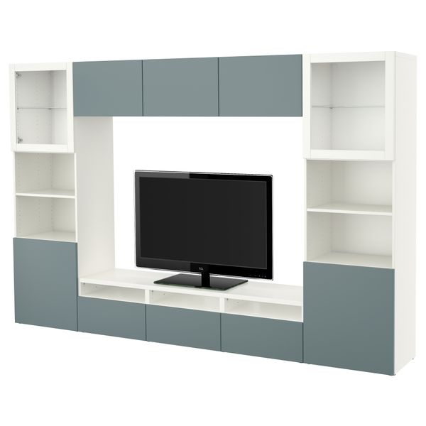 Шкаф для ТВ, комбинированный, стекляные дверцы БЕСТО, белый, Вальвикен серо-бирюзовый, прозрачное стекло (300x40x192 см) - фото 1