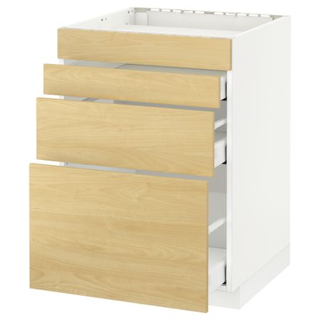 Напольный шкаф для духовки, 4фасада, 3 ящика МЕТОД / МАКСИМЕРА, белый, Тингсрид береза