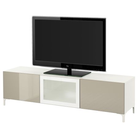 Тумба под ТВ с ящиками и дверцей БЕСТО, белый, Сельсвикен глянцевый/бежевый матовое стекло (180x40x48 см)
