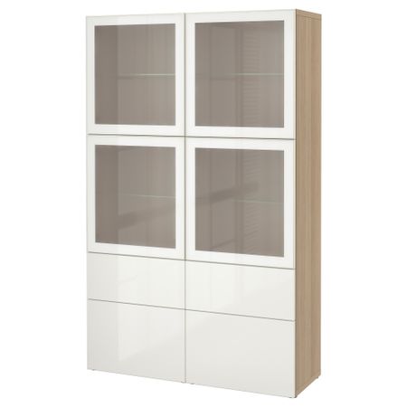 Комбинация для хранения со стеклянными дверцами БЕСТО, под беленый дуб, Сельсвикен глянцевый/белый матовое стекло (120x40x192