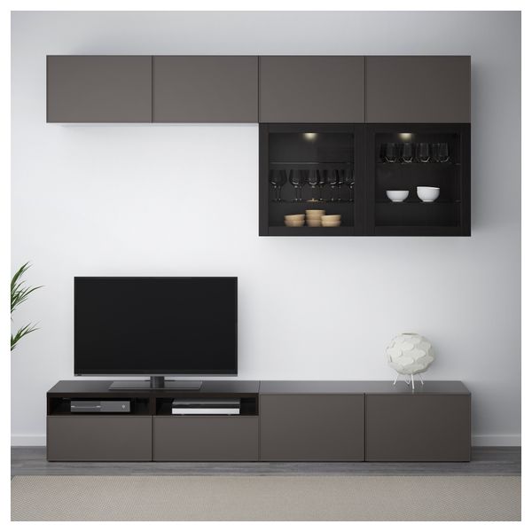 Шкаф для ТВ, комбинированный, стекляные дверцы БЕСТО, черно-коричневый Грундсвикен, темно-серый прозрачное стекло (240x40x230 - фото 2