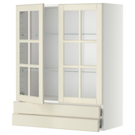 Навесной шкаф, 2 стеклянные дверцы, 2 ящика МЕТОД / ФОРВАРА, белый, Будбин белый с оттенком