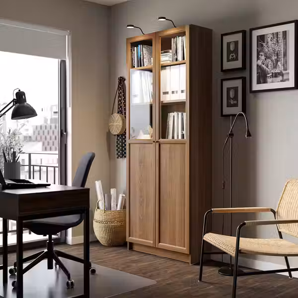 BILLY / OXBERG Стеллаж/панельные/стеклянные двери - коричневый под грецкий орех 80x30x202 см - фото 3