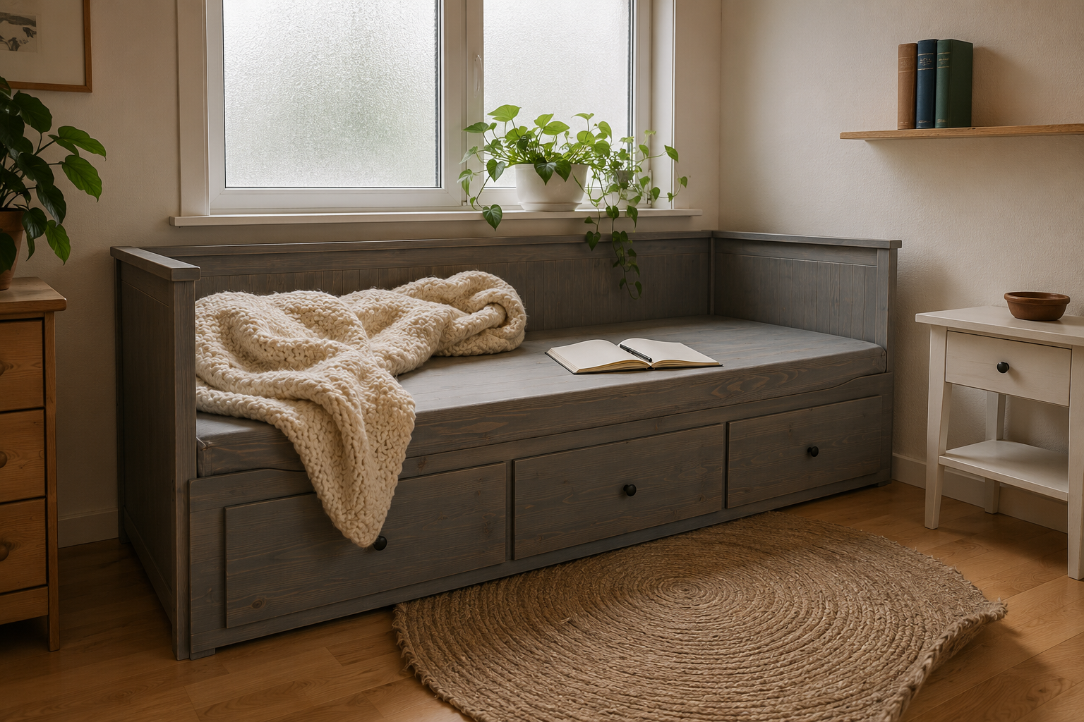 Серая кушетка HEMNES в светлой скандинавской гостиной с пледом и блокнотом на сиденье
