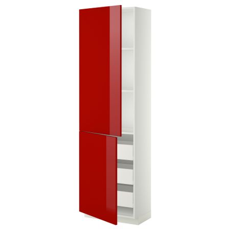 Высокий шкаф + полки, 3 ящика, 2 дверцы МЕТОД / ФОРВАРА, белый, Рингульт красный