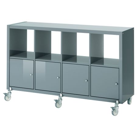 Стеллаж, 4 дверцы, колесики КАЛЛАКС, глянцевый серо-бирюзовый (147x89 см)