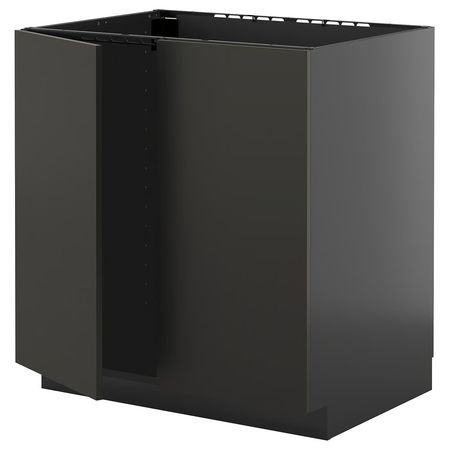 METOD Напольный шкаф для мойки+2 двери - черно-серый/Nickebo матовый антрацит 80x60 см