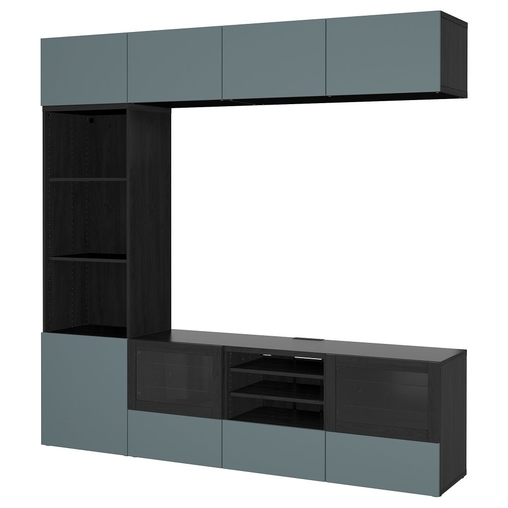 Шкаф для ТВ, комбинированный, стекляные дверцы БЕСТО, черно-коричневый, Вальвикен серо-бирюзовый, прозрачное стекло - фото 1