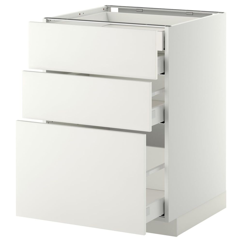 Напольный шкаф 3 фронтальные панели, 2 низких, 1 средний, 1 встроенный ящ, белый/Хэггеби белый 60x60 см IKEA METOD МЕТОД / - фото 1