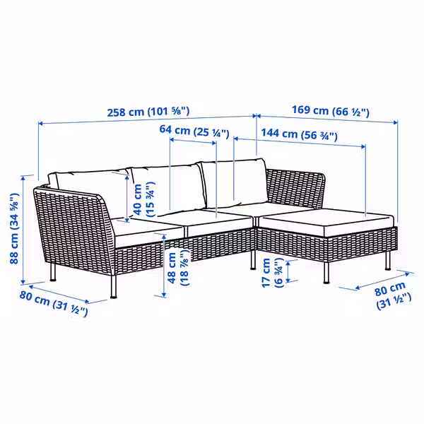 VITTSKÄR ВИТТСКЭР 3-местный диван с козеткой - схема-чертеж с размерами