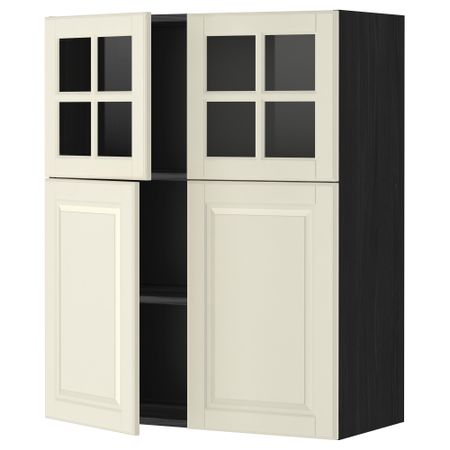 Навесной шкаф, полки, 2 двери, 2 стеклянные дверцы МЕТОД, черный, Будбин белый с оттенком (80x100 см)
