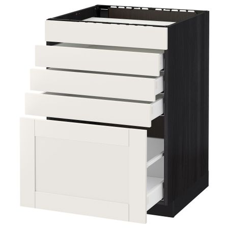 Напольный шкаф для варочной панели, 5 фасадов, 4 ящиков МЕТОД / МАКСИМЕРА, черный, Сэведаль белый