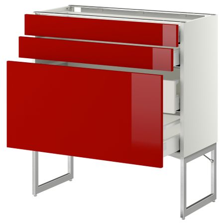 Напольный шкаф 3 фронтальных панели, 2 нижних, 2 средних ящика МЕТОД / МАКСИМЕРА, белый, Рингульт красный