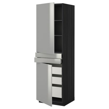 Высокий шкаф + полки, 5 ящиков, 2 дверцы, 2 фронтальных МЕТОД / МАКСИМЕРА, черный, Гревста нержавеющ сталь