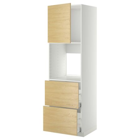 Высокий шкаф для духовки + дверца, 2 форнтальных, 2 высоких ящик МЕТОД / МАКСИМЕРА, белый, Тингсрид береза