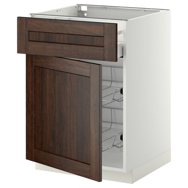 Напольный шкаф с проволочной корзиной, ящиком, дверью МЕТОД / МАКСИМЕРА, белый, Эдсерум коричневый - схема-чертеж с размерами