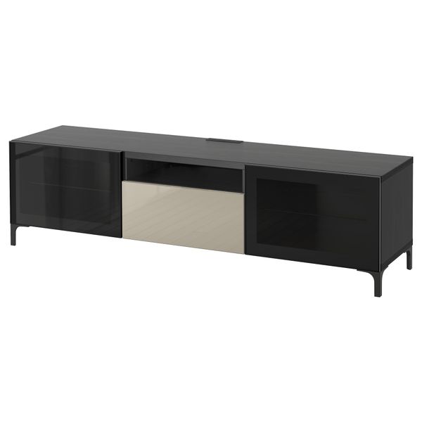 Тумба под ТВ БЕСТО, черно-коричневый, Сельсвикен глянцевый/бежевый прозрачное стекло (180x40x48 см) - фото 1