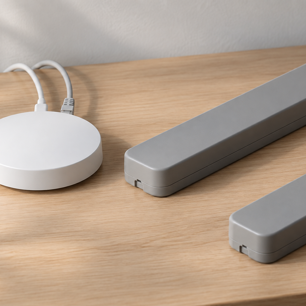 Белый хаб DIRIGERA и два серых драйвера TRÅDFRI с кабелями USB-C, Ethernet и питанием на деревянной столешнице