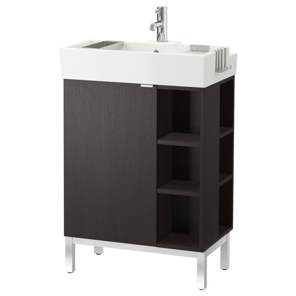 Шкаф под раковину с 1 дверцей, 2 открывающихся полки ЛИЛЛОНГЕН, черно-коричневый (60x41x92 см) - фото 1