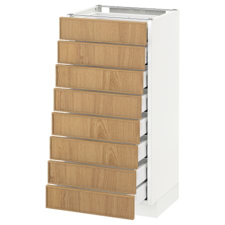 Напольный шкаф 8 фронтальных, 8 низких ящиков МЕТОД / МАКСИМЕРА, белый, Экестад дуб