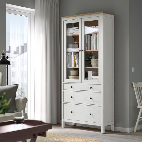HEMNES Шкаф-витрина с 3 ящиками - белая морилка/светло-коричневый 90x197 см - фото 7