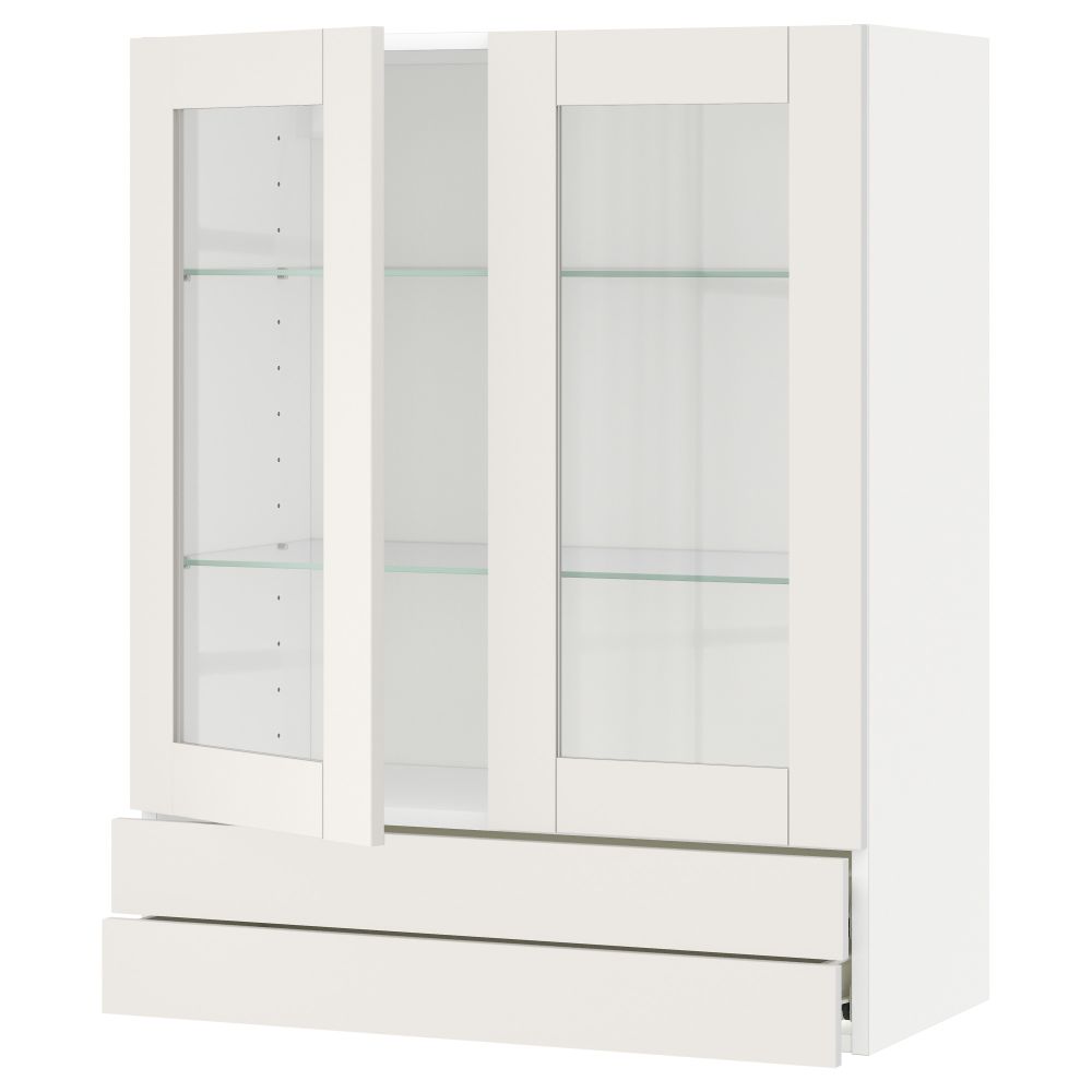 Навесной шкаф, 2 стеклянные дверцы, 2 ящика МЕТОД / ФОРВАРА, белый, Сэведаль белый - схема-чертеж с размерами