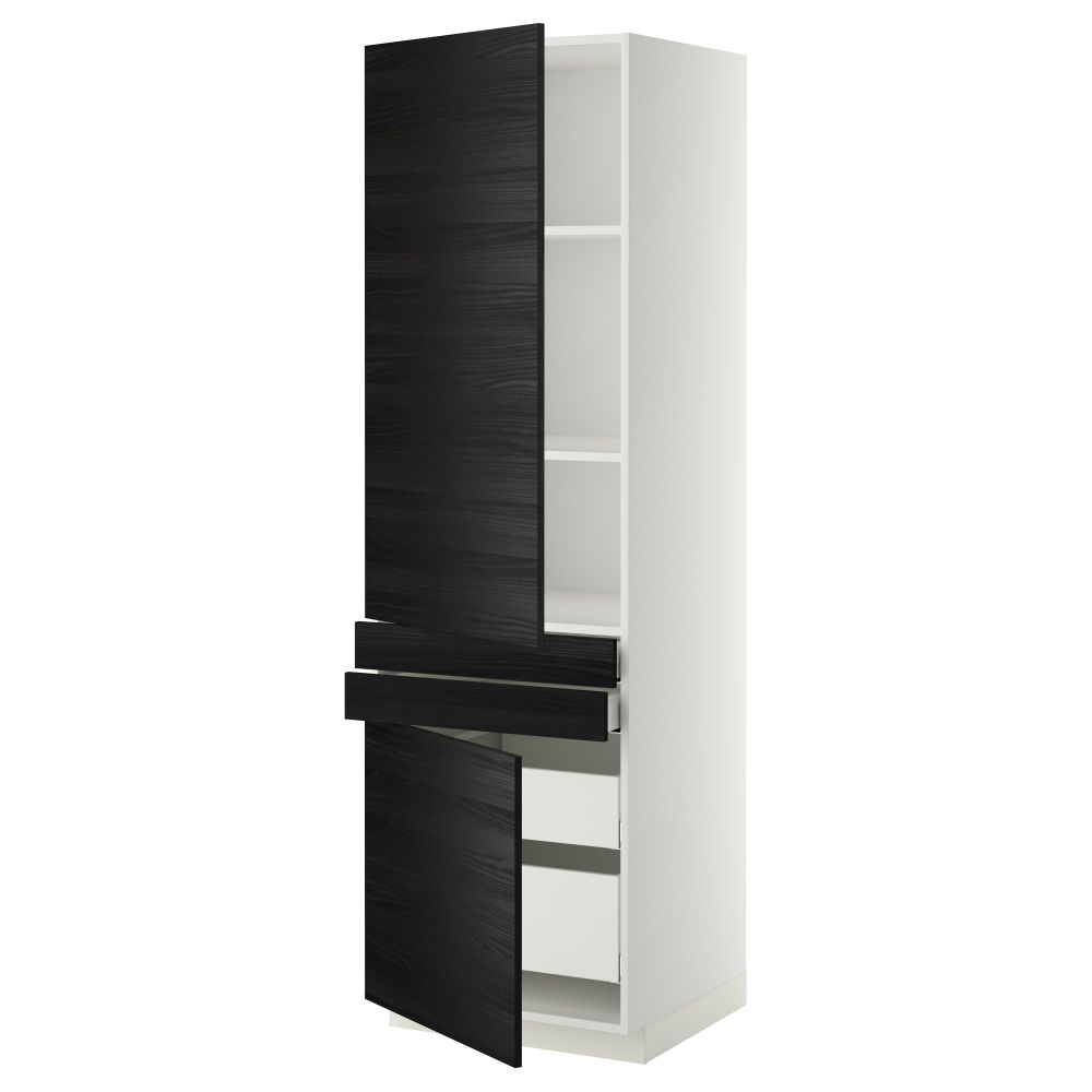 Высокий шкаф + полки, 4 ящик, 2 двери, 2 фронтальные МЕТОД / МАКСИМЕРА, белый, Тингсрид черный (60x60x200 см) - фото 1