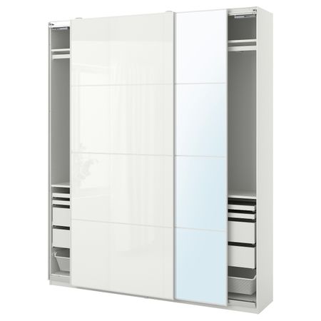 Гардероб, комбинация, белый/белое стекло зеркальное стекло 200x44x236 см IKEA PAX ПАКС / FÄRVIK/AULI ФЭРВИК/АУЛИ 593.305.17