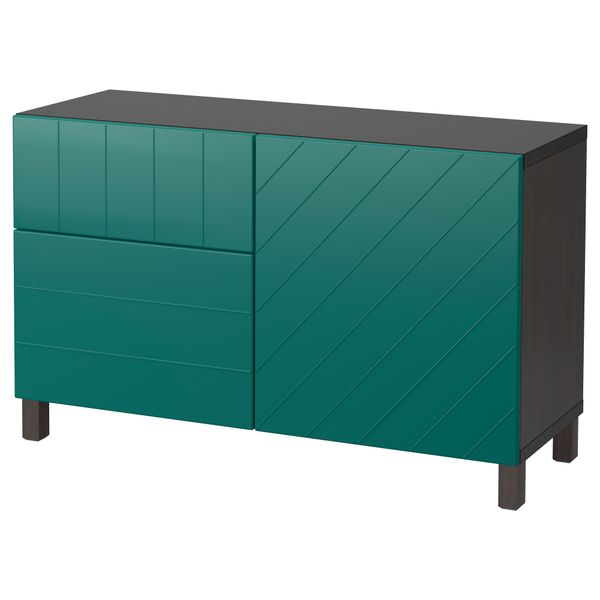 Комбинация для хранения с дверцами, ящиками БЕСТО, черно-коричневый, Халлставик сине-зеленый (120x40x74 см) - фото 1