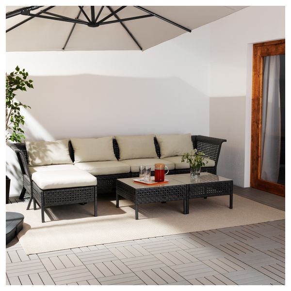 4-местный диван + табурет для ног, садовый КУНГСХОЛЬМЕН / ХОЛЛО, черно-коричневый, бежевый (142/284x80x73 см) - фото 2