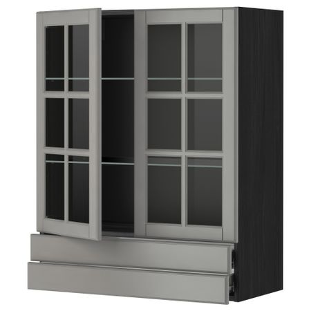 Навесной шкаф, 2 стеклянные дверцы, 2 ящика МЕТОД / ФОРВАРА, черный, Будбин серый