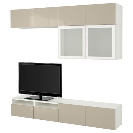 Шкаф для ТВ, комбинированный, стекляные дверцы БЕСТО, белый, Сельсвикен глянцевый/бежевый матовое стекло (240x40x230 см)