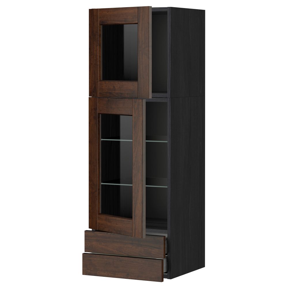 Навесной шкаф, 2 стеклянные дверцы, 2 ящика МЕТОД / МАКСИМЕРА, черный, Эдсерум коричневый - фото 1