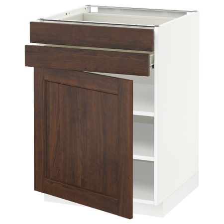 Напольный шкаф с дверцей, 2 ящиками МЕТОД / ФОРВАРА, белый, Эдсерум коричневый