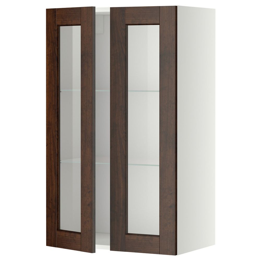 Навесной шкаф/полки/2стеклян двери, белый/Эдсерум коричневый 60x100 см IKEA METOD МЕТОД 994.462.19 - фото 1
