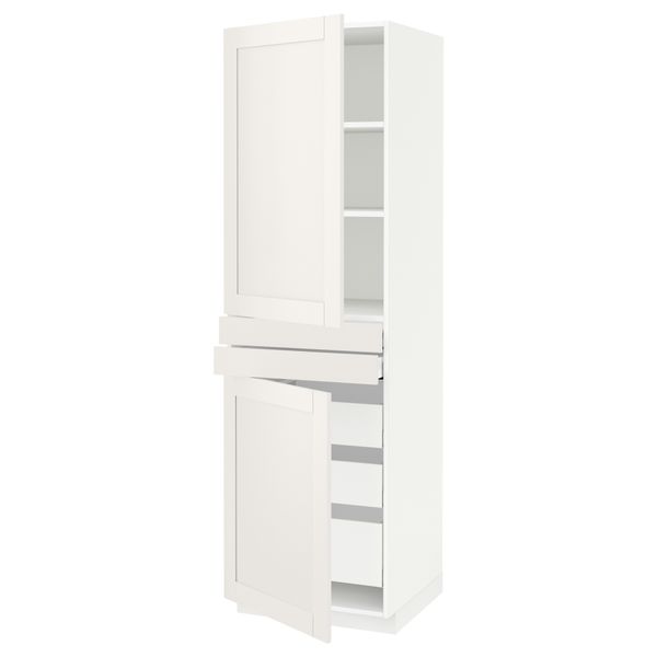 Высокий шкаф + полки, 5 ящиков, 2 дверцы, 2 фронтальных МЕТОД / МАКСИМЕРА, белый, Сэведаль белый - схема-чертеж с размерами