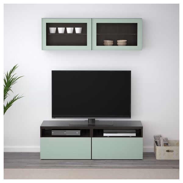 Шкаф для ТВ, комбинированный, стекляные дверцы БЕСТО, черно-коричневый Сельсвикен, глянцевый/серо-зеленый светлый прозрачное - фото 2