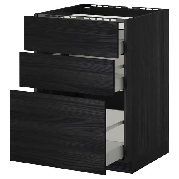 Напольный шкаф, 3 фронтальных панели/3ящика, черный, Тингсрид черный 60x60 см IKEA МЕТОД / МАКСИМЕРА 892.356.13 - схема-чертеж с размерами