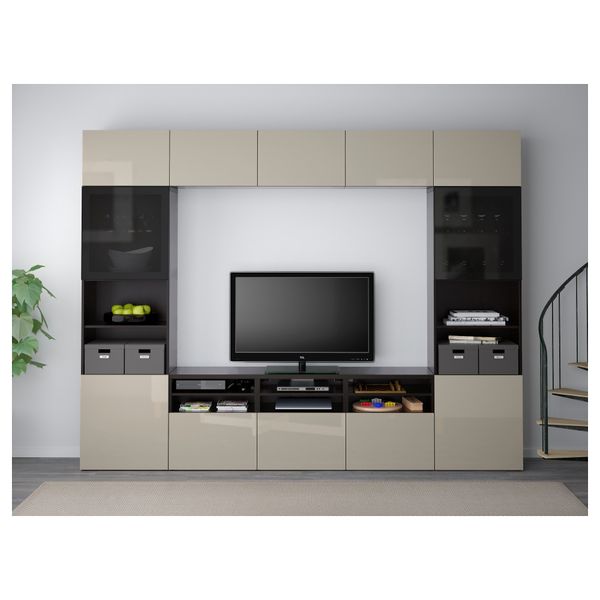 Шкаф для ТВ, комбинированный, стекляные дверцы БЕСТО, черно-коричневый, Сельсвикен глянцевый/бежевый/дымчатое стекло (300x40x230 - фото 2