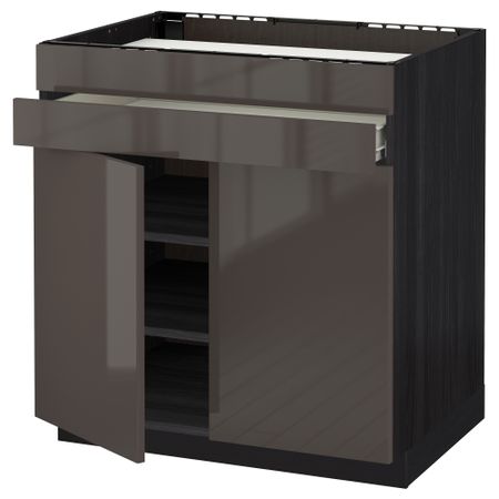 Напольный шкаф для варочной панели, 2 ящика, 2 фасада, 1 ящик МЕТОД / ФОРВАРА, черный, Рингульт серый (80x60 см)
