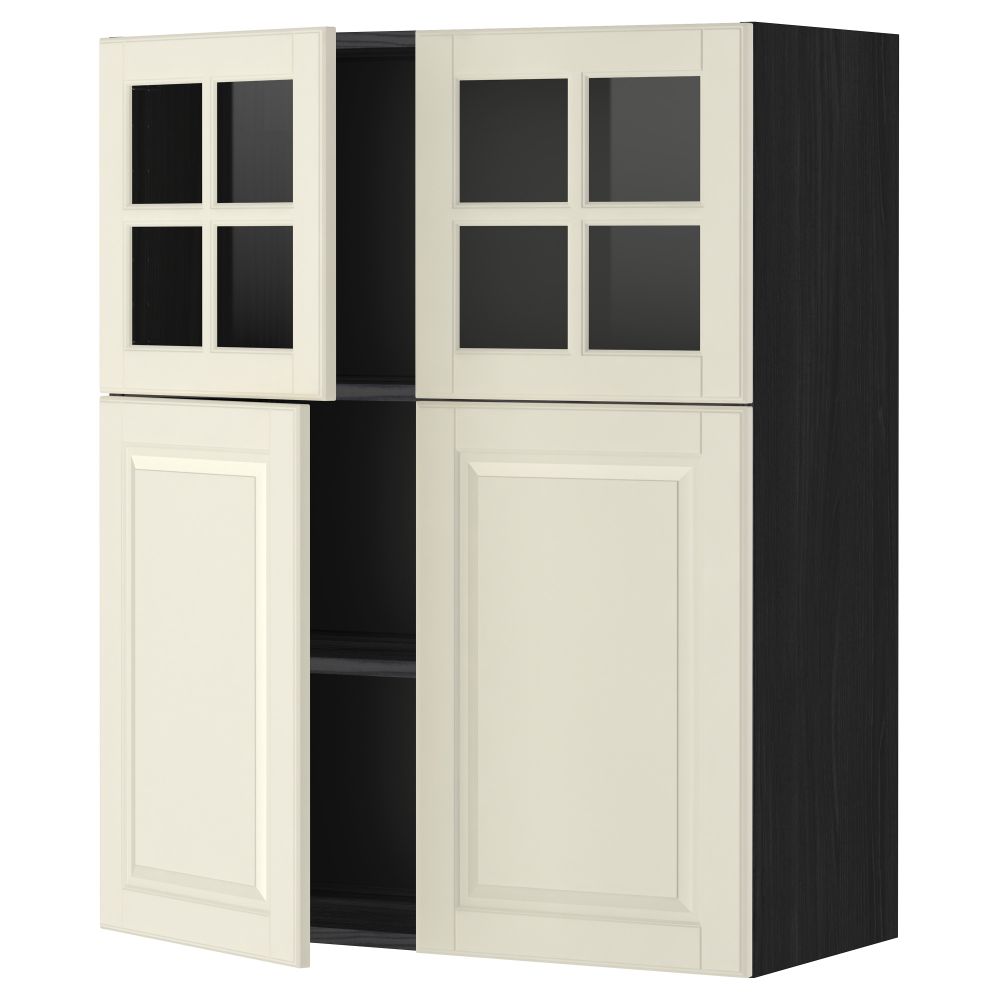 Навесной шкаф, полки, 2 двери, 2 стеклянные дверцы МЕТОД, черный, Будбин белый с оттенком (80x100 см) - схема-чертеж с размерами