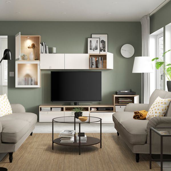 Шкаф для ТВ, комбинированный, стекляные дверцы, под беленый дуб/Сельсвикен глянцевый, белый матовое стекло 300x42x211 см IKEA - фото 2