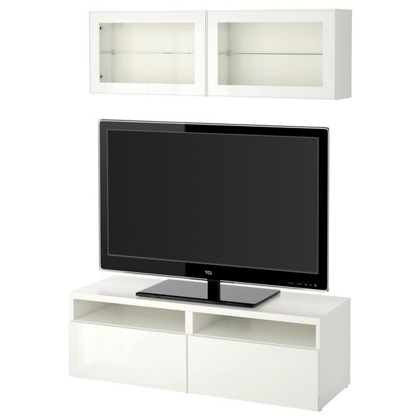 Шкаф для ТВ, комбинированный, стекляные дверцы БЕСТО, белый, Сельсвикен глянцевый/белый прозрачное стекло (120x20/40x166 см) - фото 1