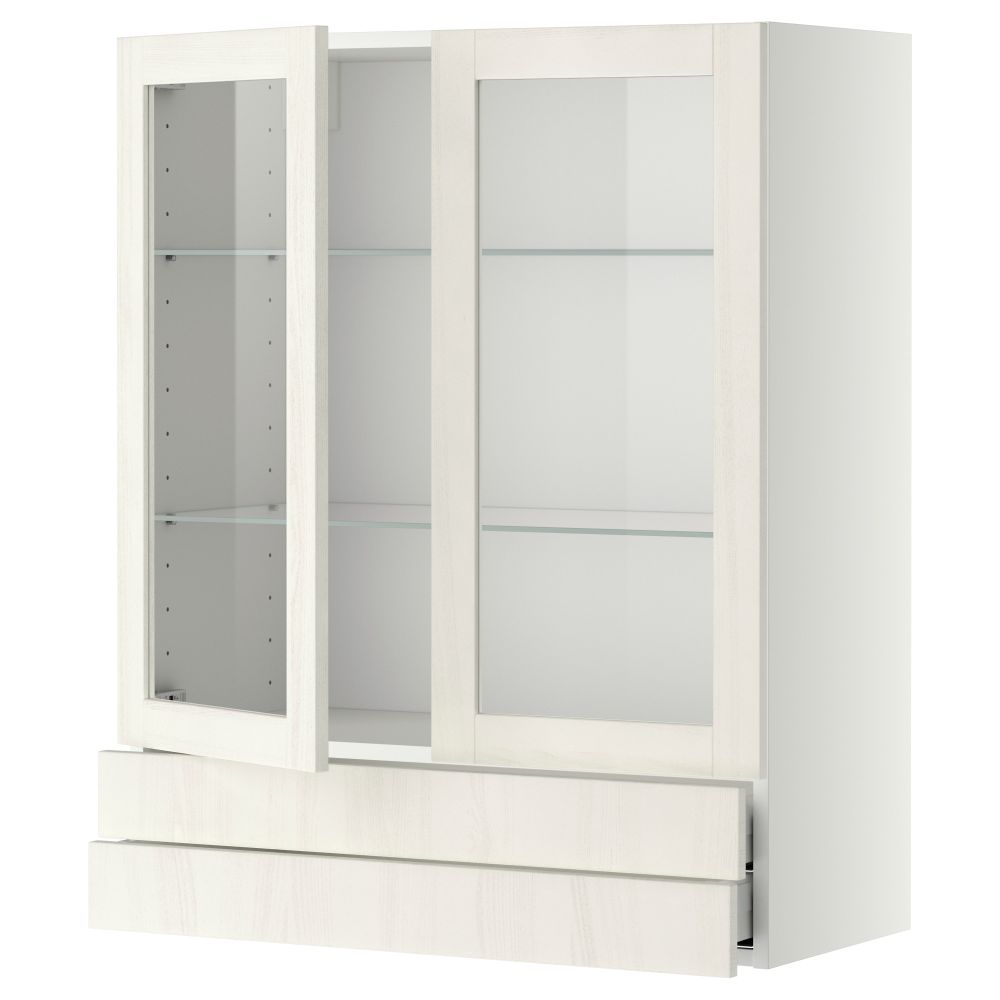 Навесной шкаф, 2 стеклянные дверцы, 2 ящика МЕТОД / МАКСИМЕРА, белый, Росдаль белый - схема-чертеж с размерами