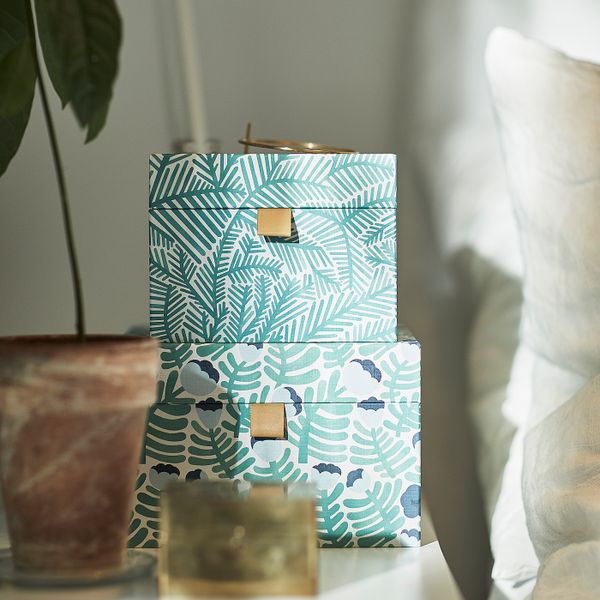 Декоративная коробочка, 2 шт., зеленый, синий/с цветочным орнаментом IKEA LANKMOJ ЛАНКМОЙ 804.680.13 - фото 2