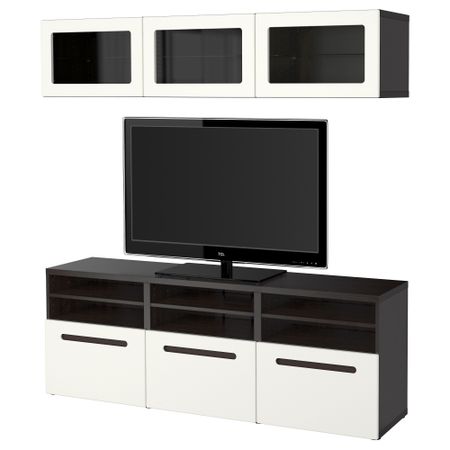 Шкаф для ТВ, комбинированный, стекляные дверцы БЕСТО, черно-коричневый, Марвикен белый прозрачное стекло (180x40x192 см)