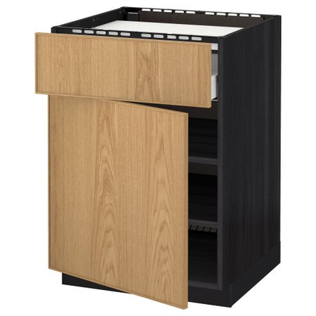 Напольный шкаф для варочной панели, ящик, полка, дверцы МЕТОД / МАКСИМЕРА, черный, Экестад дуб (60x60 см)