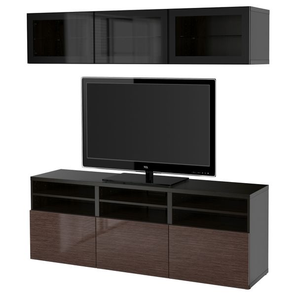 Шкаф для ТВ, комбинированный, стекляные дверцы БЕСТО, черно-коричневый, Сельсвикен глянцевый/коричневый прозрач стекло - фото 1