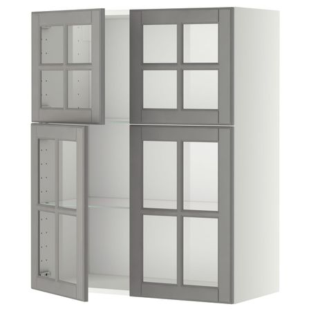 Навесной шкаф с полками, 4 стекло дв, белый/Будбин серый 80x100 см IKEA METOD МЕТОД 492.277.47