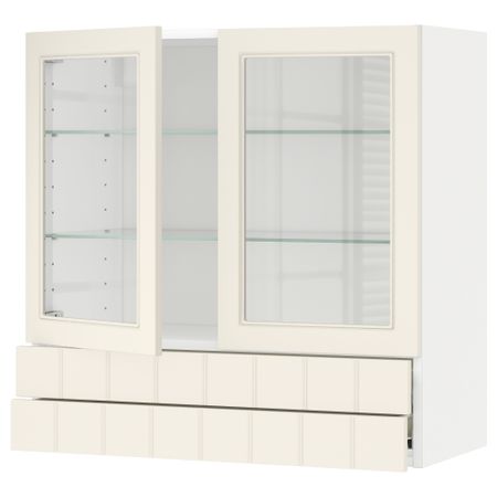 Навесной шкаф, 2 стеклянные дверцы, 2 ящика МЕТОД / ФОРВАРА, белый, Хитарп белый с оттенком